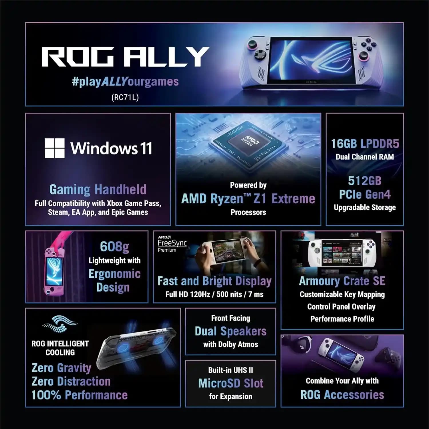 ASUS Rog Ally Handheld Gaming Console 17.78CM 7 120Hz AMD Ryzen Z1